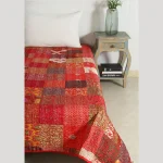 Red Patchwork Silk Fabric Single Size Kantha Quilt - Image 2