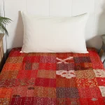 Red Patchwork Silk Fabric Single Size Kantha Quilt - Image 3