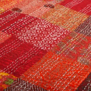 Red Patchwork Silk Fabric Single Size Kantha Quilt - Image 4