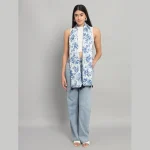 Sanganer Hand Block Print Cotton Scarf Blue Floral - Image 4