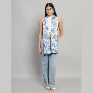 Sanganer Hand Block Print Cotton Scarf Blue Floral - Image 4