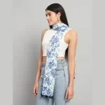 Sanganer Hand Block Print Cotton Scarf Blue Floral - Image 2