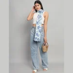 Sanganer Hand Block Print Cotton Scarf Blue Floral - Image 6