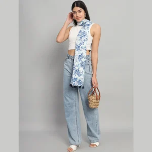 Sanganer Hand Block Print Cotton Scarf Blue Floral - Image 6