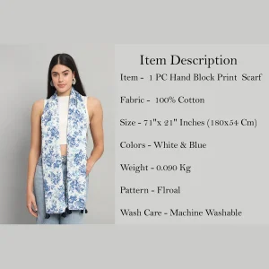 Sanganer Hand Block Print Cotton Scarf Blue Floral - Image 7