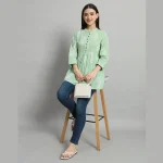 Sea Green Paisley Print Cotton Kurta Style Tops For Women's