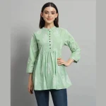 Sea Green Paisley Print Cotton Kurta Style Tops For Women's - Image 2