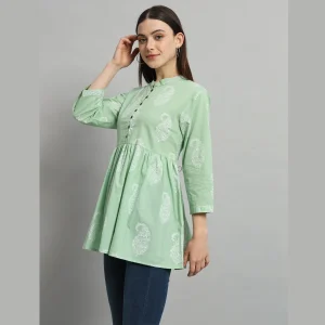 Sea Green Paisley Print Cotton Kurta Style Tops For Women's - Image 3