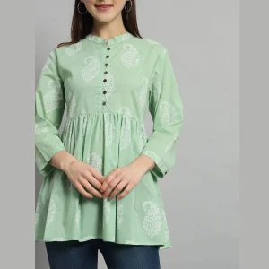 Sea Green Paisley Print Cotton Kurta Style Tops For Women's - Image 5