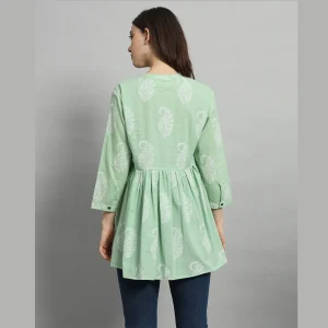 Sea Green Paisley Print Cotton Kurta Style Tops For Women's - Image 7