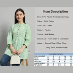 Sea Green Paisley Print Cotton Kurta Style Tops For Women's - Image 8