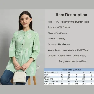Sea Green Paisley Print Cotton Kurta Style Tops For Women's - Image 8