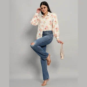 Stylish Long Puff Sleeve Shirts For Women's Floral Printed - Image 5