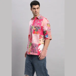 Summer Short Sleeve Oversized Shirt Pink Patchwork - Image 6