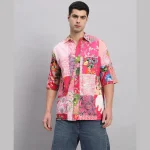 Summer Short Sleeve Oversized Shirt Pink Patchwork - Image 2