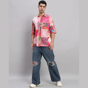 Summer Short Sleeve Oversized Shirt Pink Patchwork - Image 3