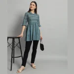 Teal Blue Striped Print Cotton Tops For Women's