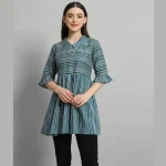 Teal Blue Striped Print Cotton Tops For Women's - Image 2