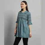Teal Blue Striped Print Cotton Tops For Women's - Image 3