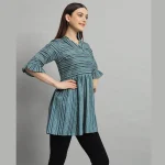 Teal Blue Striped Print Cotton Tops For Women's - Image 4