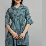 Teal Blue Striped Print Cotton Tops For Women's - Image 5
