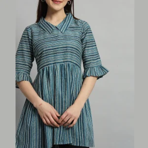 Teal Blue Striped Print Cotton Tops For Women's - Image 5