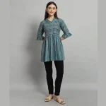 Teal Blue Striped Print Cotton Tops For Women's - Image 6
