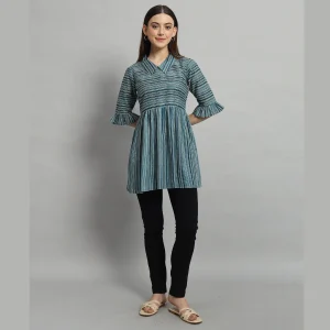 Teal Blue Striped Print Cotton Tops For Women's - Image 6