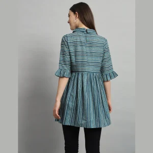 Teal Blue Striped Print Cotton Tops For Women's - Image 7