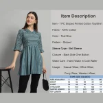 Teal Blue Striped Print Cotton Tops For Women's - Image 8