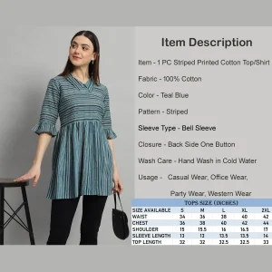 Teal Blue Striped Print Cotton Tops For Women's - Image 8