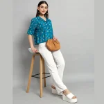 Teal Green Ikat Print Short Shirts For Women's