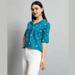 Teal Green Ikat Print Short Shirts For Women's - Image 3