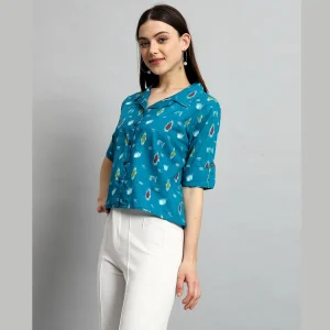 Teal Green Ikat Print Short Shirts For Women's - Image 3