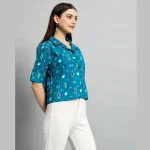 Teal Green Ikat Print Short Shirts For Women's - Image 4