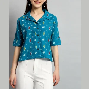 Teal Green Ikat Print Short Shirts For Women's - Image 5