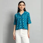 Teal Green Ikat Print Short Shirts For Women's - Image 2