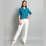 Teal Green Ikat Print Short Shirts For Women's - Image 6