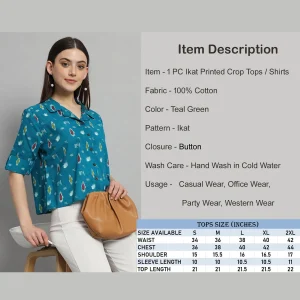 Teal Green Ikat Print Short Shirts For Women's - Image 8