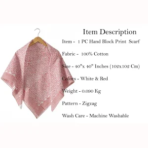 Traditional Hand Block Print Scarf White & Red Zigzag Scarves - Image 7