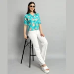 Turquoise Casual Crop Tops Women Cotton Shirts