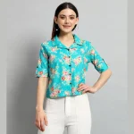Turquoise Casual Crop Tops Women Cotton Shirts - Image 2