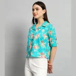 Turquoise Casual Crop Tops Women Cotton Shirts - Image 3