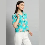 Turquoise Casual Crop Tops Women Cotton Shirts - Image 4
