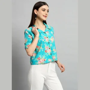 Turquoise Casual Crop Tops Women Cotton Shirts - Image 4