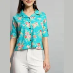 Turquoise Casual Crop Tops Women Cotton Shirts - Image 5