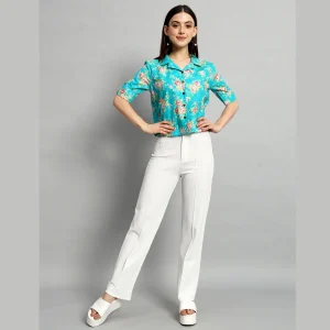 Turquoise Casual Crop Tops Women Cotton Shirts - Image 6