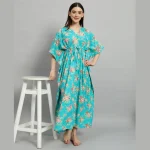 Turquoise Floral Print Cotton Kaftan For Women's