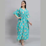 Turquoise Floral Print Cotton Kaftan For Women's - Image 2