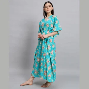 Turquoise Floral Print Cotton Kaftan For Women's - Image 3
